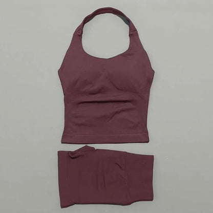 Women Seamless Gym Set 2Pcs Halter Neck Sports Crop Top High Waist Scrunch Butt Shorts Workout Fitness Yoga Tracksuit Sportswear
