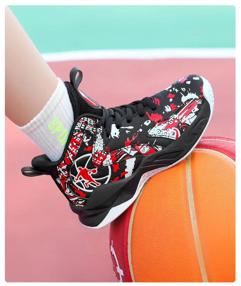 Original Children's Basketball Shoes Fashion Print Purple Basketball Sneakers Kids Training Shoes High Top Sports Shoes For Boys