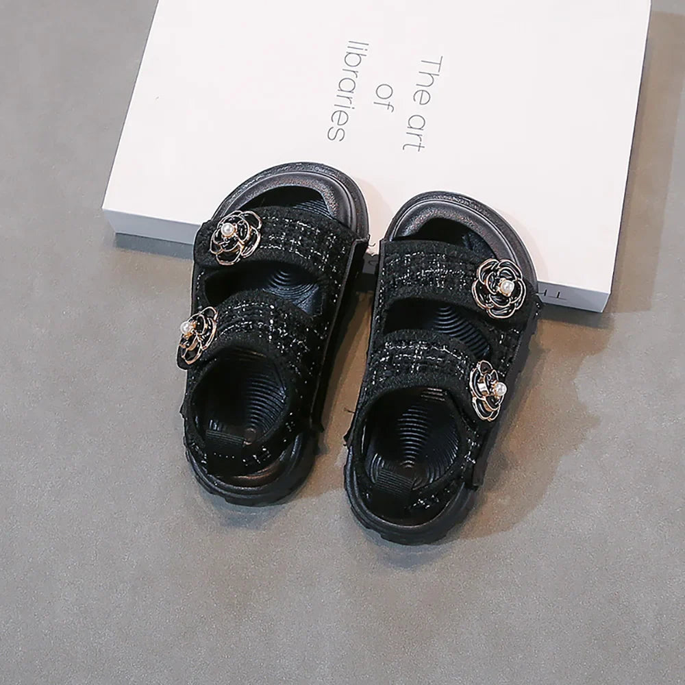 Korean Style Summer Sandals For Girls Luxury Pearl Flower Children's Beach Shoes Ergonomics Soft-soled Kid's Girl's Sandals