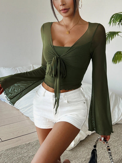 Summer Women's Y2k Floral Printed Sweet V-Neck T-shirts Mesh Beach Party Dress Top Flare Sleeve Square Collar Lace Up Shirt 2025