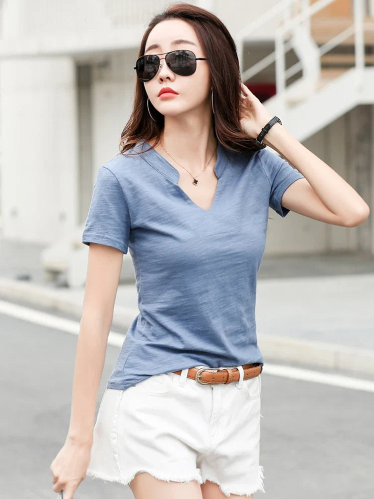 Summer Bamboo Cotton T-Shirt Cotton Women V-Neck Soft Tshirts Female Basic Fashion Classic S-3XL Ladies Tops