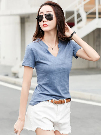 Summer Bamboo Cotton T-Shirt Cotton Women V-Neck Soft Tshirts Female Basic Fashion Classic S-3XL Ladies Tops