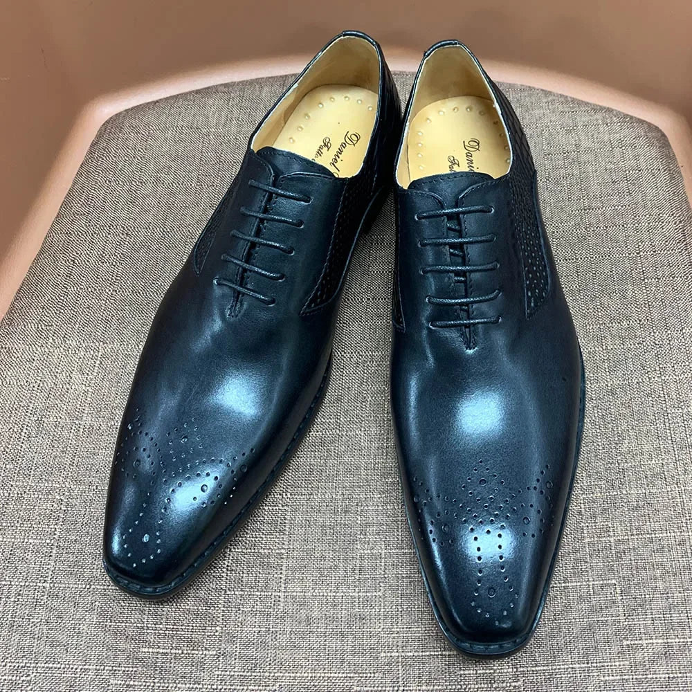 Luxury Men's Genuine Leather Oxford Shoes Snake Skin Print Black/Purple Lace-Up Square Toe Formal Dress Shoes