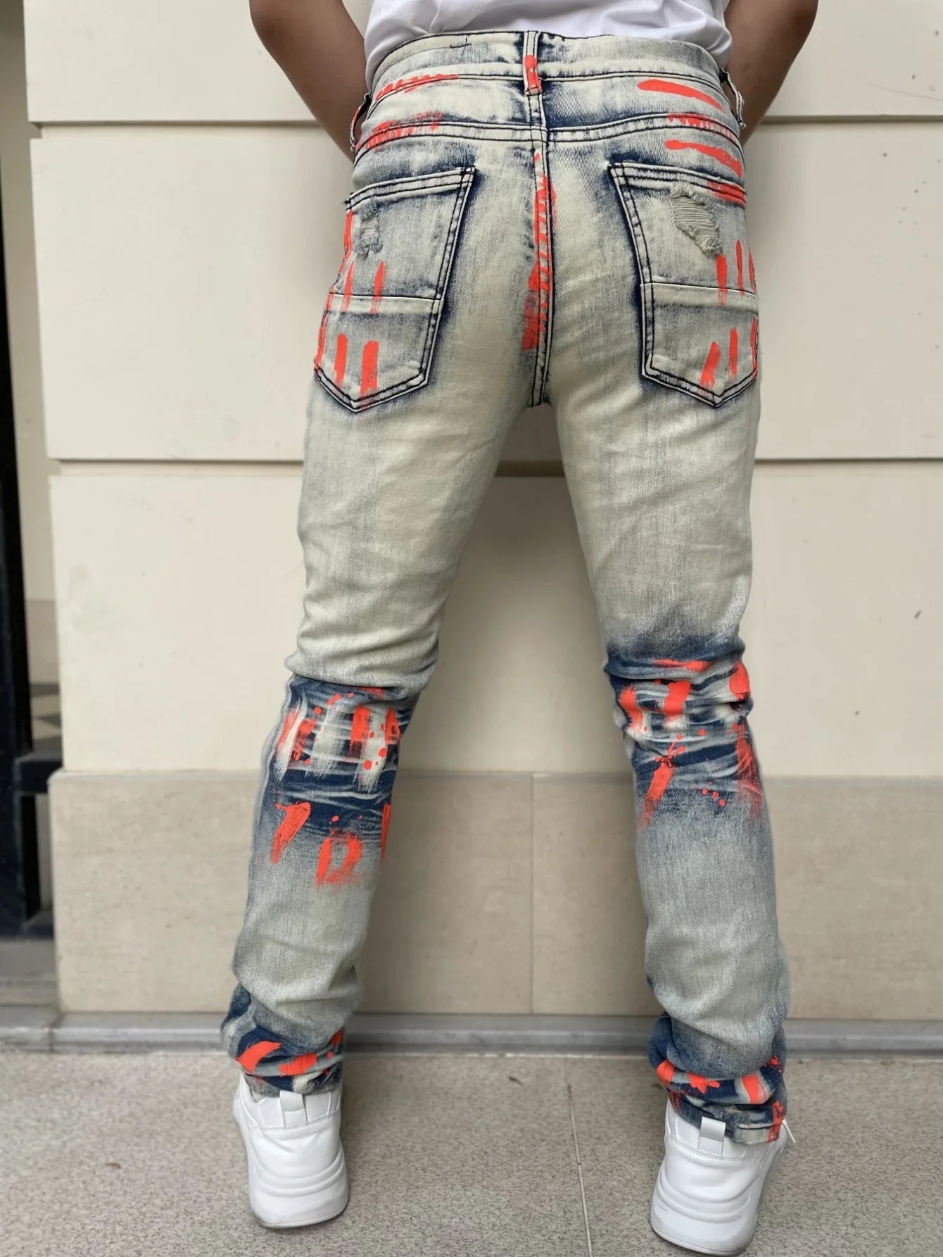 Men's Y2K-Style Denim Pants With Hand Drawn Colorful Tear Stop Pattern Design  Best Selling Product  Free Shipping Included