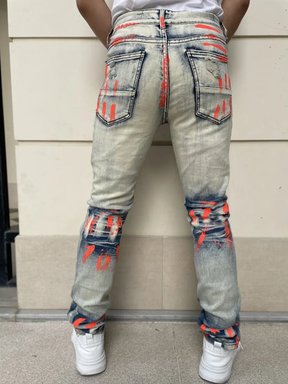 Men's Y2K-Style Denim Pants With Hand Drawn Colorful Tear Stop Pattern Design  Best Selling Product  Free Shipping Included