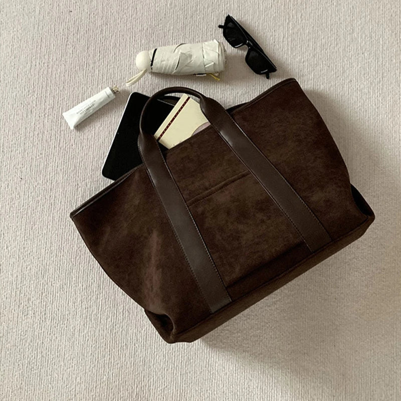 Vintage Suede Large Capacity Handbag Simple All-match Fashion Tote Bags Design Casual Top Handle Shoulder Bag For Women