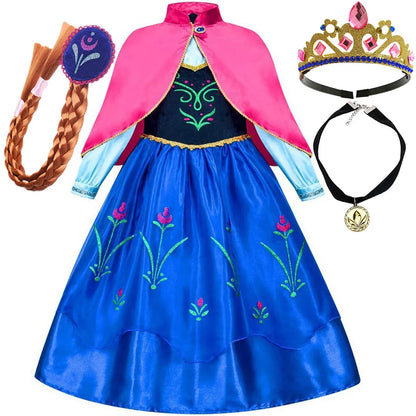 Frozen Classic Movie Princess Anna Dress With Red Cape Christmas Holiday Party Carnival Girls Gift Cosplay Anna Dress Set