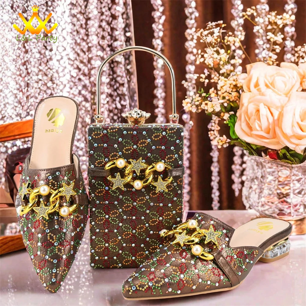 Low Heels Comfortable Sweet Style Italian Design Shoes Matching Bag Set in Orange Color High Quality with Crystal for Dress