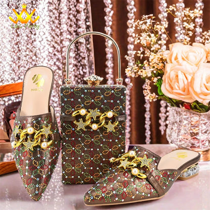 Low Heels Comfortable Sweet Style Italian Design Shoes Matching Bag Set in Orange Color High Quality with Crystal for Dress