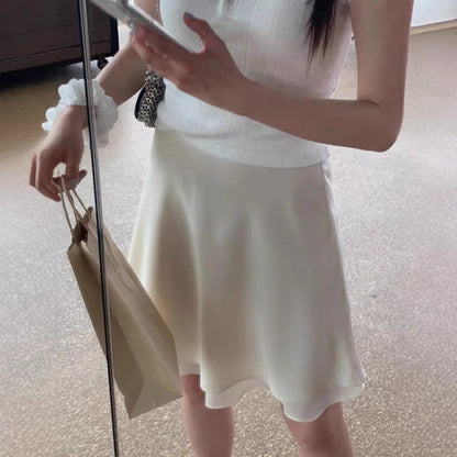 Elegant Satin Women Skirts Solid Zipper Faldas Mujer Ladies Double-layer Casual Chic Black White Dot Mini Skirt Korean Summer