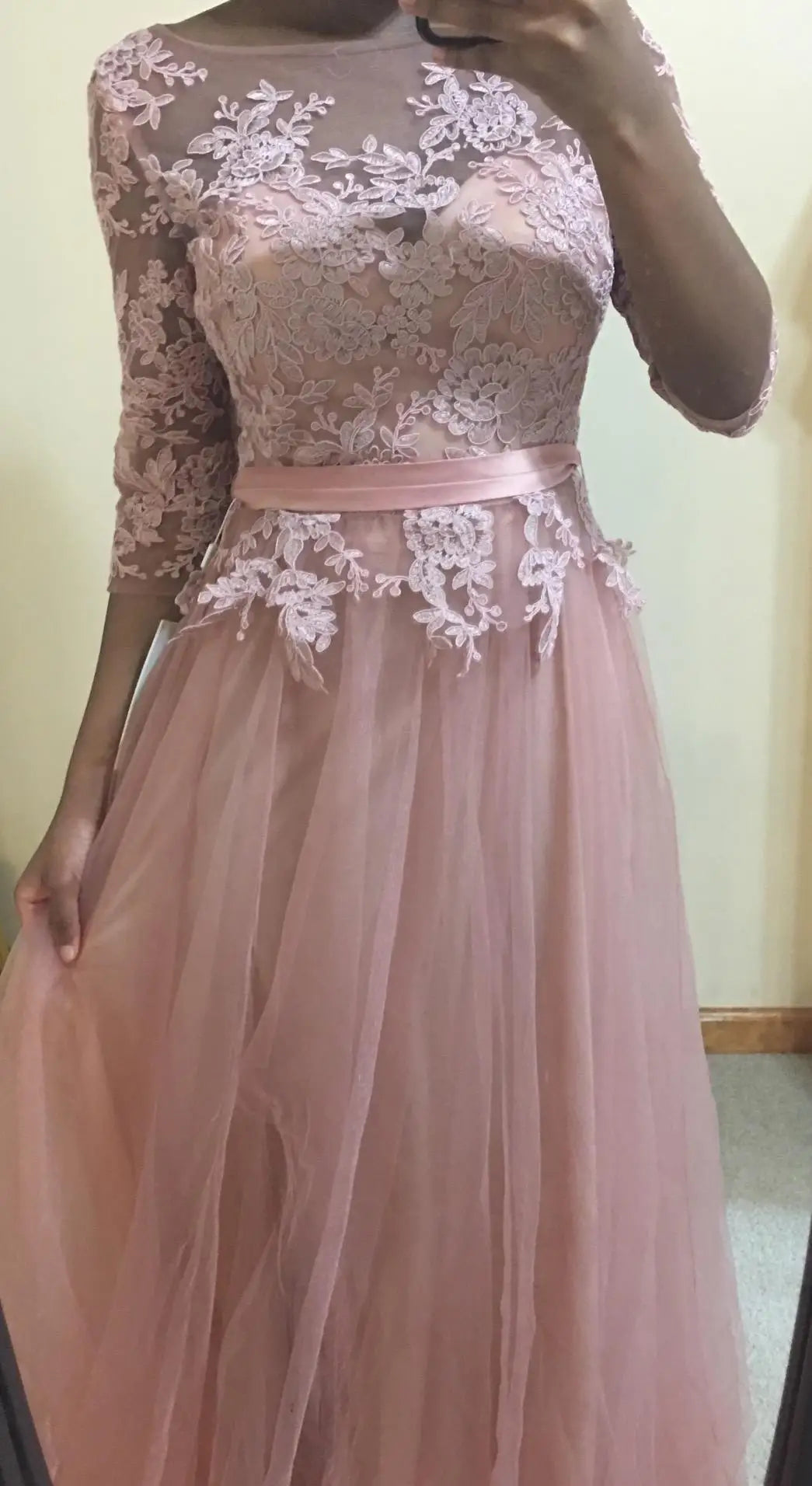 Vestidos de Renda Decote Redondo Noite Elegantes Meia Manga Aplicações Tule Festa Formal Longo Sem Costas Com Cinto Robe De