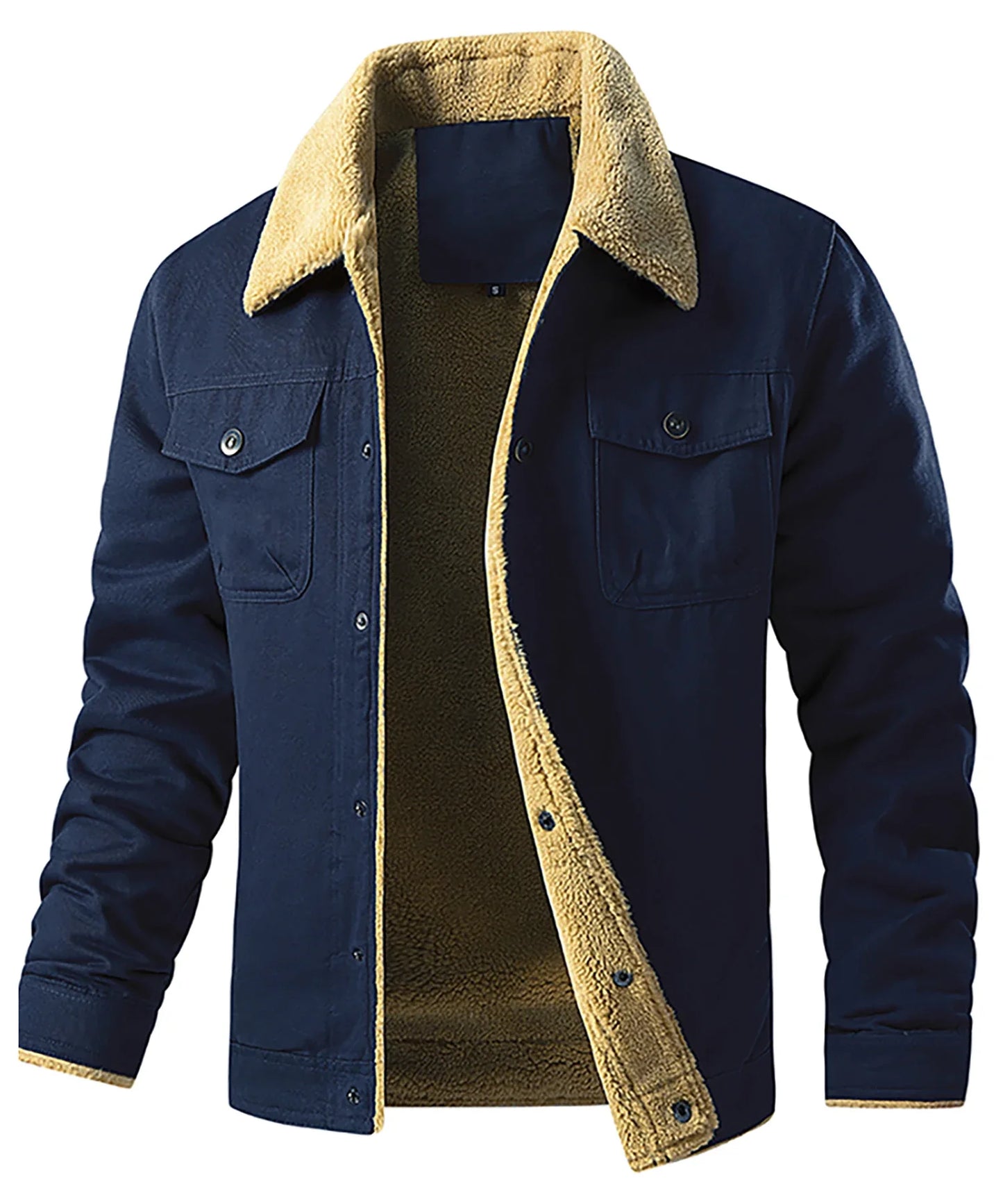 Men's Jackets Winter Faux Shearling Lined Windproof Warm Coat Black Buttoned Parka Pockets Comfortable Casual Tops US Size