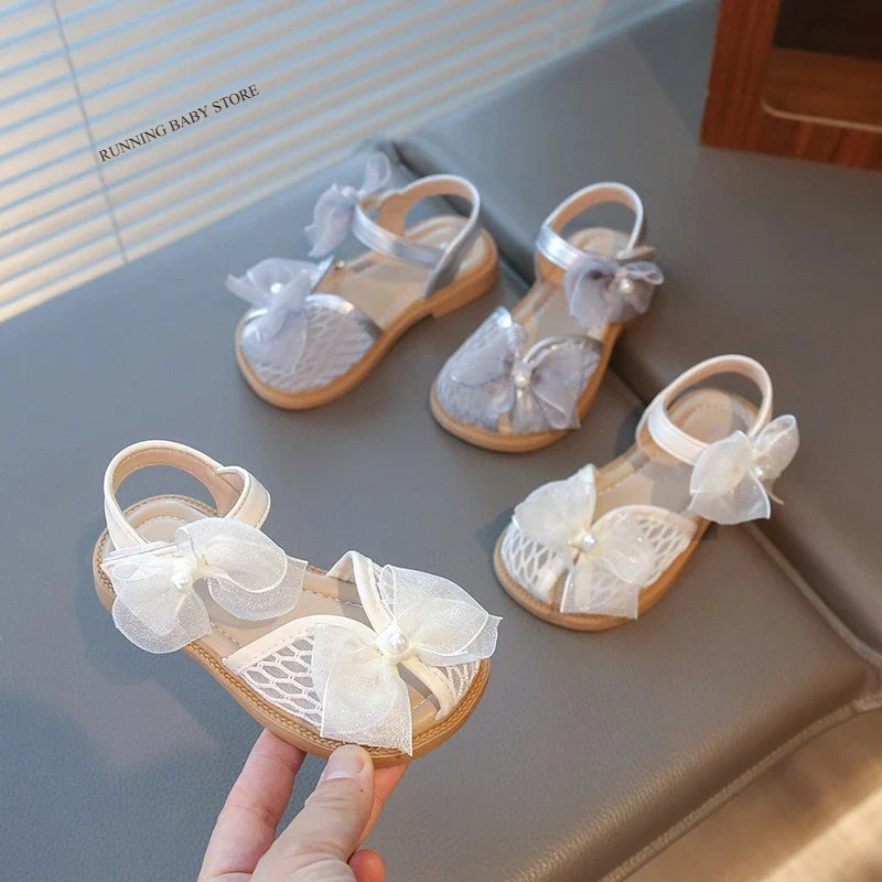 2025 Mesh Peep-toe Princess Shoes Girls Sandals with Tulle Butterfly-knot Summer Evening Wedding Party Bridesmaid Sandals I05292