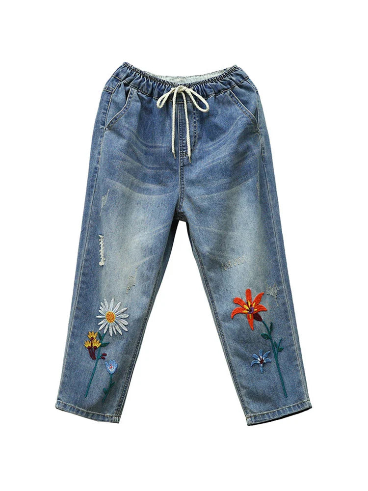 Elastic Elegant Jeans Womens Casual Floral Embroidery Denim Trousers
