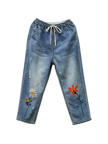 Elastic Elegant Jeans Womens Casual Floral Embroidery Denim Trousers