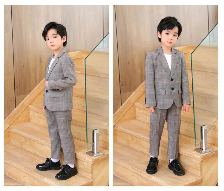 Spring Autumn Kids Boys Suits Elegant Children Boys Plaid Blazer Pant Suits Outfits Set Young Teenager Boys Formal Wedding Suits