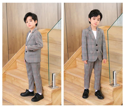 Spring Autumn Kids Boys Suits Elegant Children Boys Plaid Blazer Pant Suits Outfits Set Young Teenager Boys Formal Wedding Suits