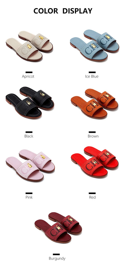 Fashion Monogram Print Elegant Design Women's Low Heeled Slippers Solid Color High Quality Metal Lock Simple Single Shoes