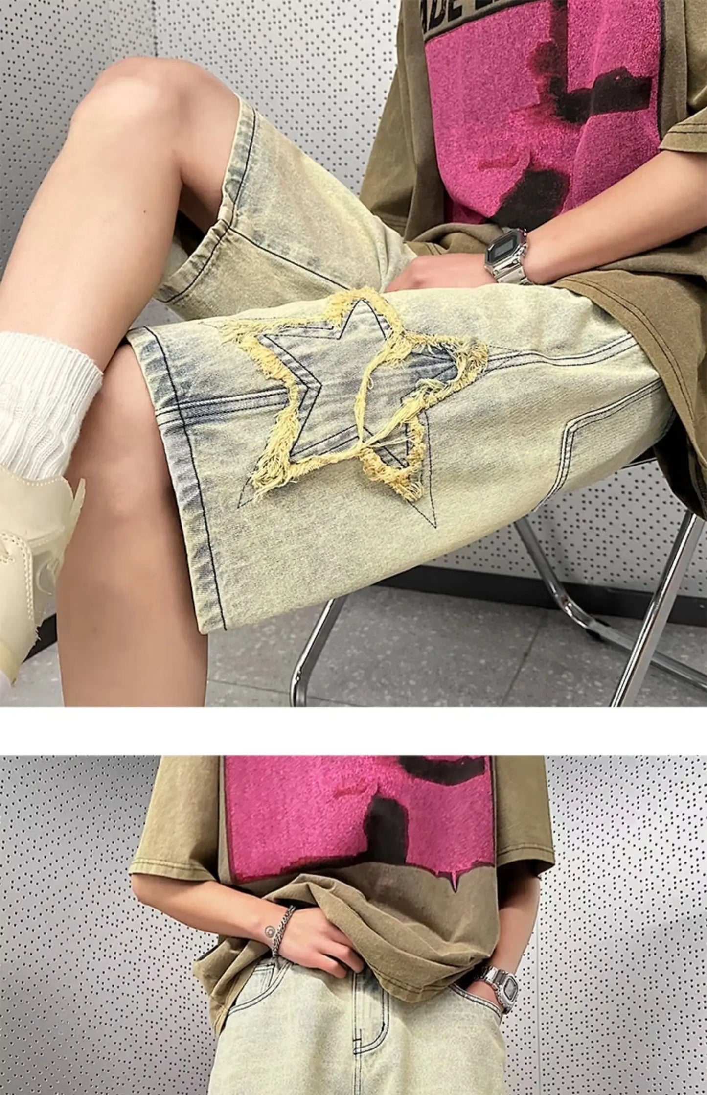 Star Patchwork Yellow Clay Color Jeans Summer Men Denim Shorts Trendy Streetwear Five-point Pants Straight Jeans Shorts