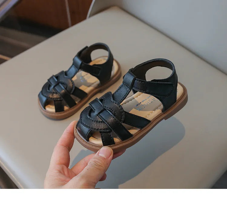 Girls Roman Shoes Children Solid Color Classic Retro Style Student Uniform Shoes Kids Fashion Girl Toes Wrapped Sandals I03284