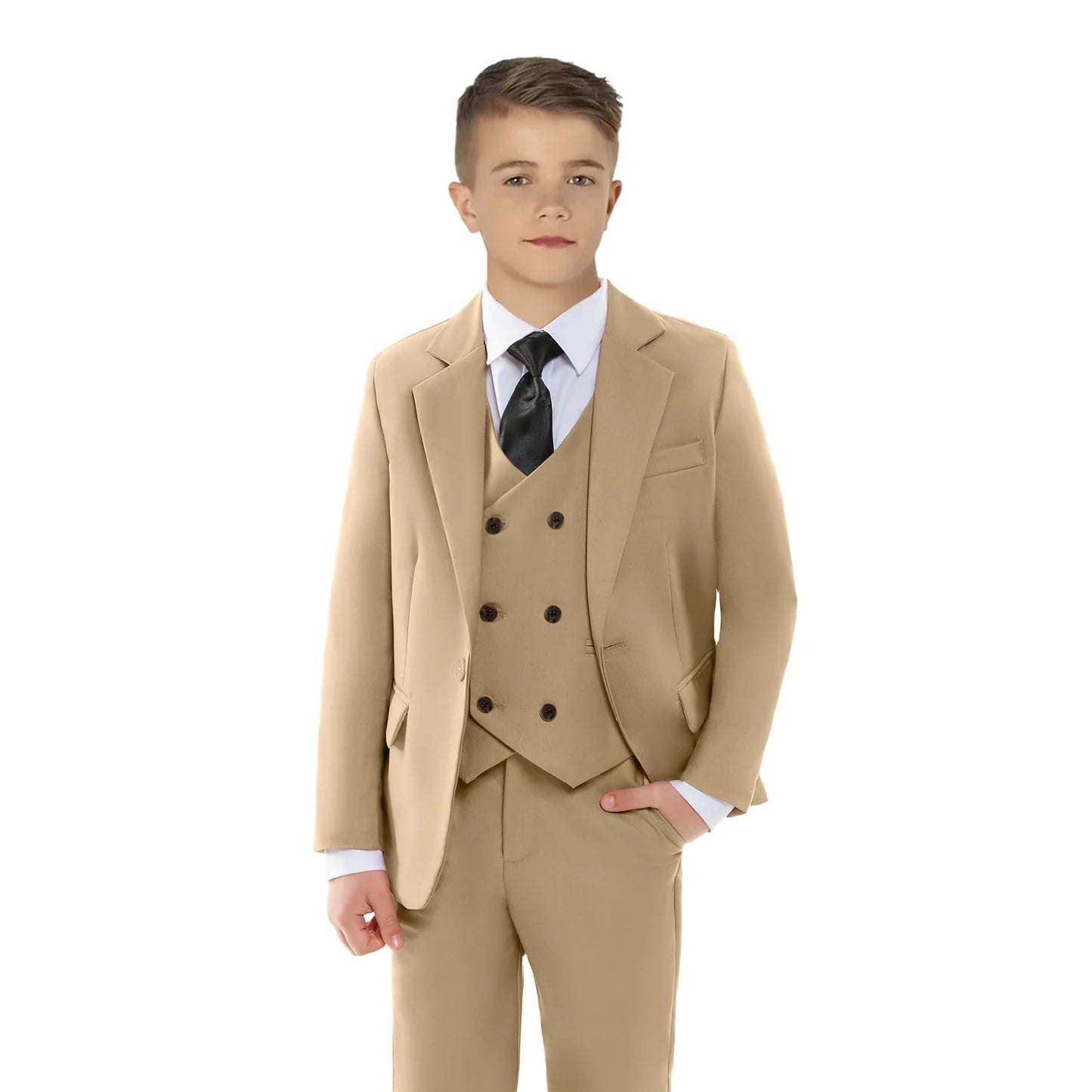 Boy's Solid 4-Piece Suit Set, Single Button Blazer Jacket, Vest, Pants Bow-tie, Wedding Party Dresswear for Kids In Stock
