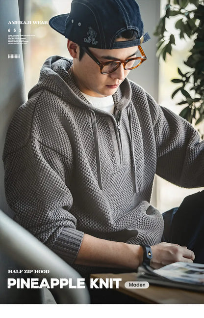 Casual Knit Sweater Half-zip Basics Hoodies for Men Autumn Winter Fashion Brand Pullovers Warm Hooded Sweatshirt Tops