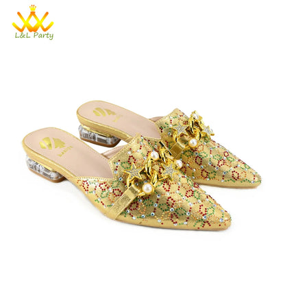 Low Heels Comfortable Sweet Style Italian Design Shoes Matching Bag Set in Orange Color High Quality with Crystal for Dress