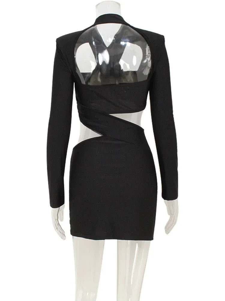Hollow Out Solid New Sytle Hip Wrap Outfits Women Dresses Long Sleeve V Neck Fashion Party Sheath Lady Female Evening