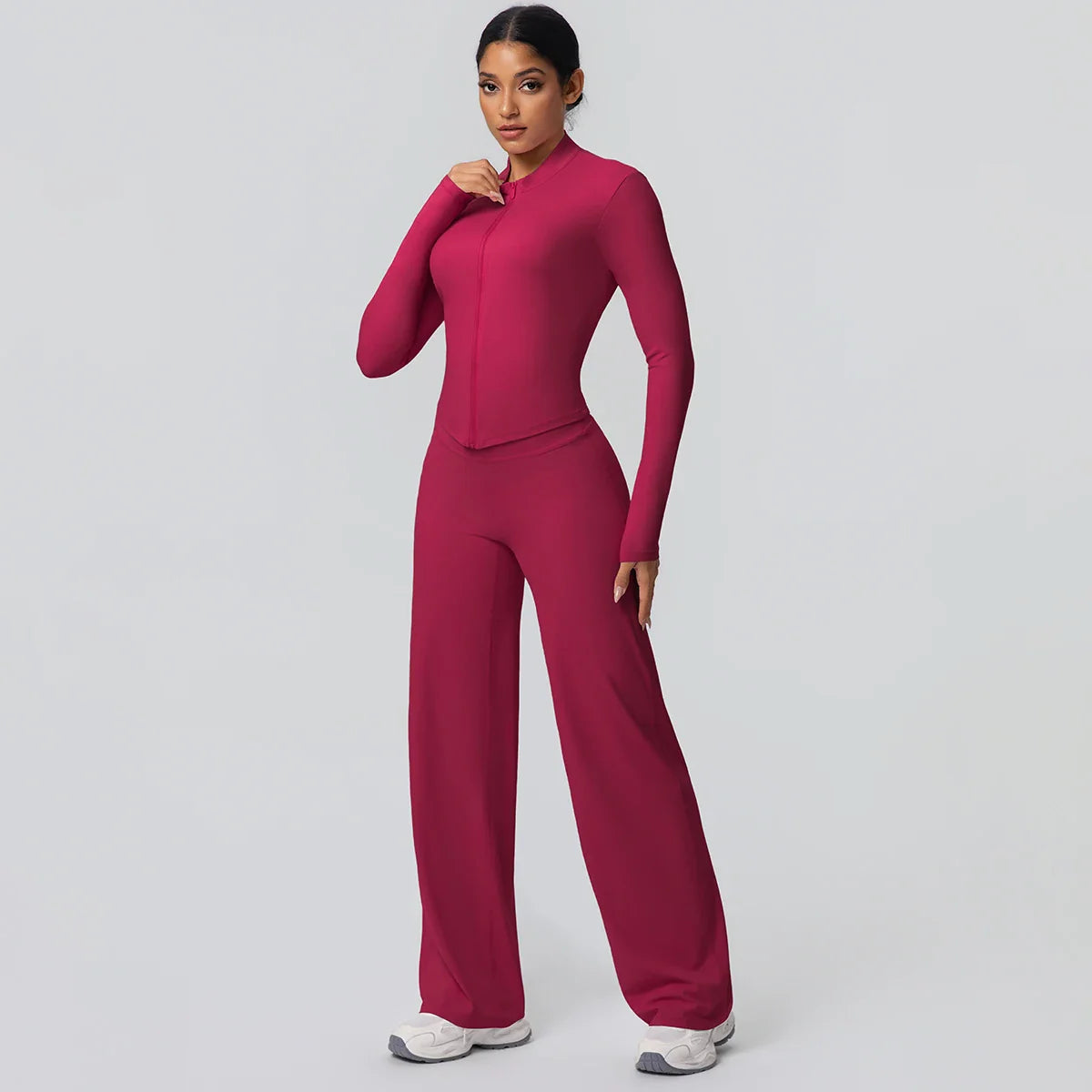 2pieces Quick Drying Sports Fitness Clothing Yoga Set Women Yoga Zipper Long Dleeves High Waisted Breathable Wide Leg Pants Set