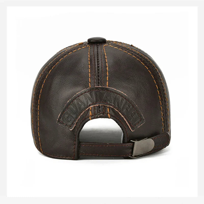 Men Real Cowhide Leather Earlap Caps Male Fall Winter 100% Real Cow Leather Hats New Casual Real Leather Outdoor Baseball Cap