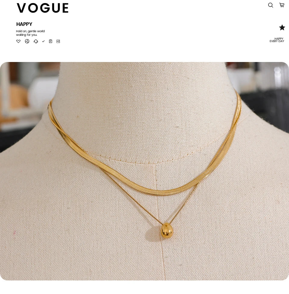 Snake Chain Double Layer Stainless Steel Water Drop Pendant Necklace for Women Statement 18k Gold Color Jewelry Waterproof