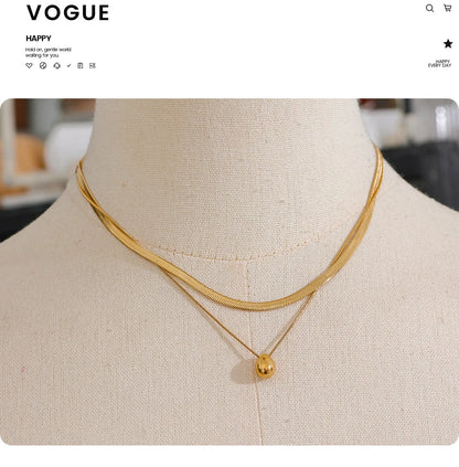 Snake Chain Double Layer Stainless Steel Water Drop Pendant Necklace for Women Statement 18k Gold Color Jewelry Waterproof