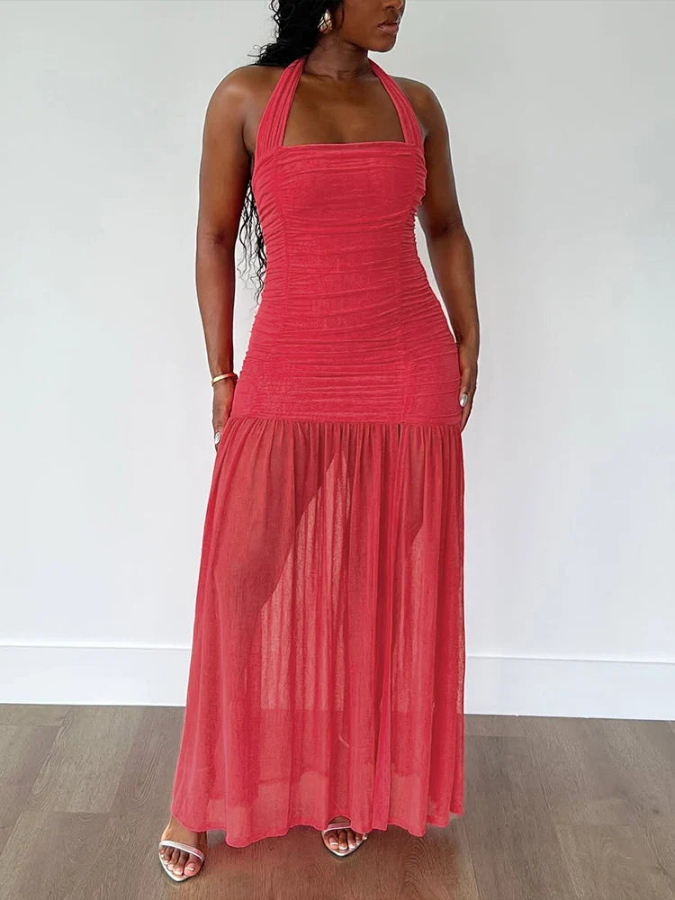 See Through Hem Dress Women Ruched Halter Summer Trend Sleeveless Backless Patchwork Midnight Clubwear Party Maxi Bodycon
