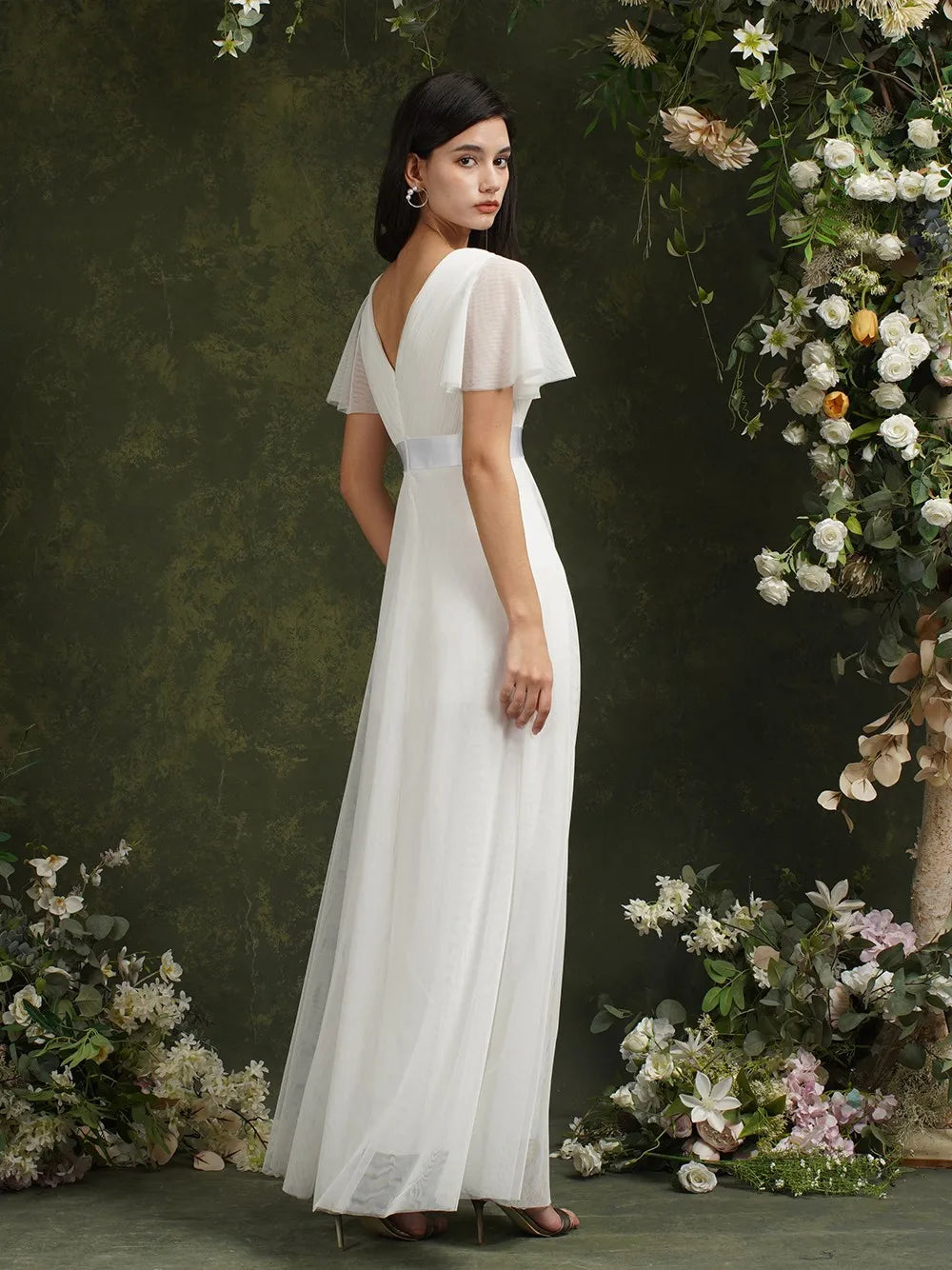 Empire Evening Dresses Cross V-Neck Tulle Short Sleeve Sashes Wedding Dress Sexy Backless Women's Formal Party Gowns