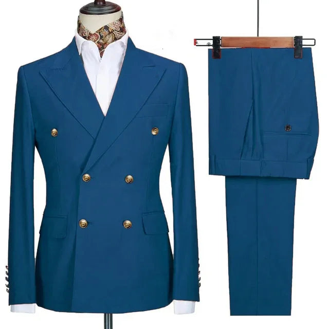 Double Breasted Men Suit Navy Blue High Quality Wedding Costume Party Prom Gold Buttons Groom Suits