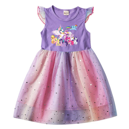 My Little Pony Baby Girls Dress Children Cartoon Mesh Star Sequins Princess Dress Kids Flying Sleeve Skirt For Daily Gift