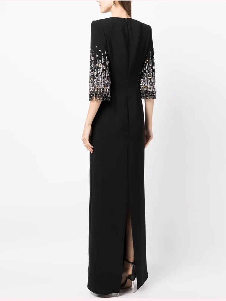 Fashion 2026 S/S Designer Vestido Women's Half Sleeve Stunning Beaded  Long Maxi Dress