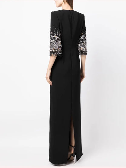 Fashion 2026 S/S Designer Vestido Women's Half Sleeve Stunning Beaded  Long Maxi Dress