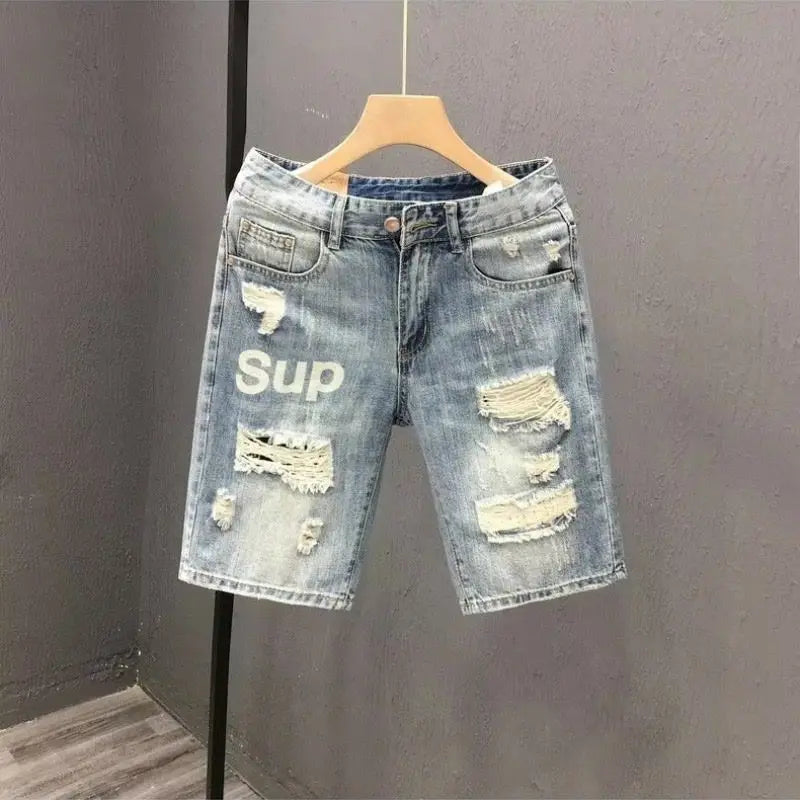 Men's Blue Casual Solid Denim Jean Shorts with Ripped Holes Wash Designer