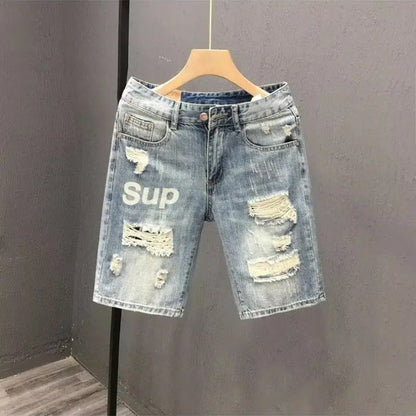 Men's Blue Casual Solid Denim Jean Shorts with Ripped Holes Wash Designer