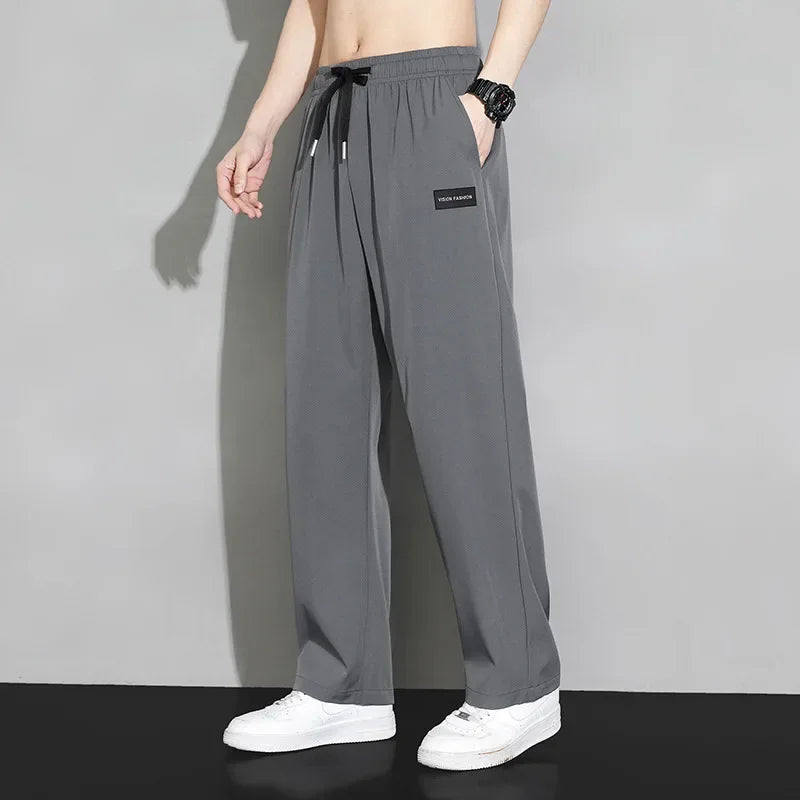 Men Drawstring Casual Pants Loose Drape Wide-leg Athleisure Pants Men Summer Thin Quick-drying Trousers Ice Silk Straight Pants