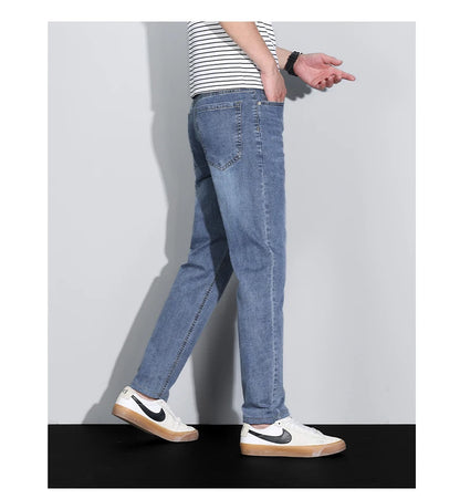 Men's Ice Silk Denim Cargo Pants Summer New Thin Business Casual Jeans Outdoor Y2K All Match Slim Fit Straight Elastic Jean Male