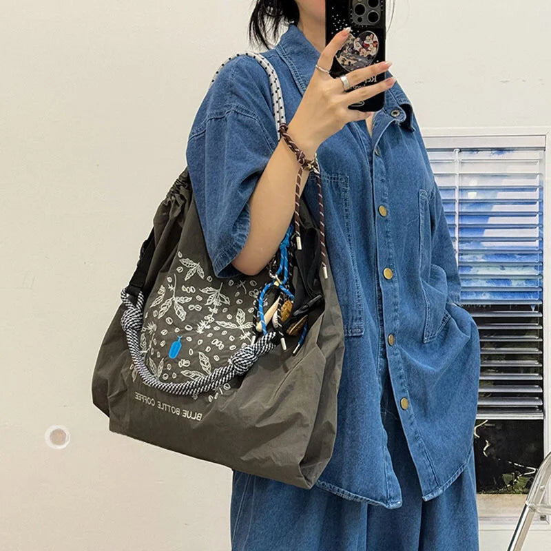 Ladies' tote bag, new nylon embroidered shopping bag, large-capacity single-shoulder bag, hand-held bag, casual style, lightweig