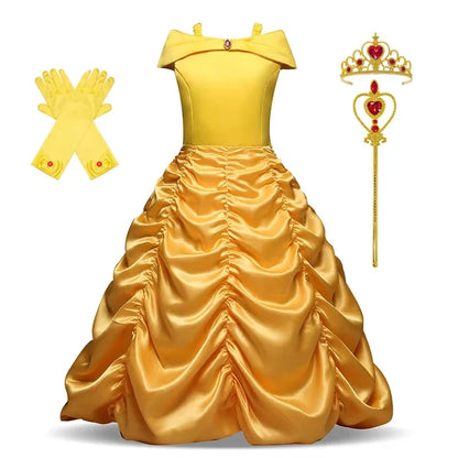 Girls Cosplay Belle Princess Dress for Kids Beauty and The Beast Costumes Children Birthday Party with Flower Clothes