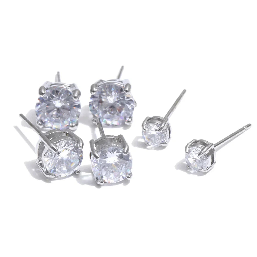 1Set High Quality Shiny Cubic Zirconia Round Stud Earrings Daily Stainless Steel Versatile Premium Jewelry Party Gift