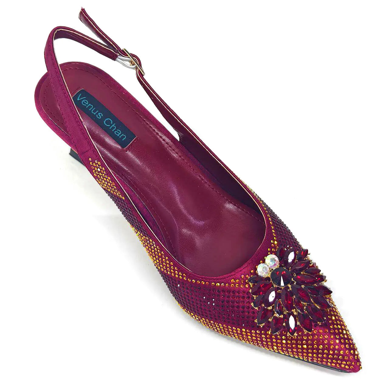 Italian Luxury Rhinestone Wine Pointed Toe High Heels with Matching Bag Set – Ideal for Parties and Special