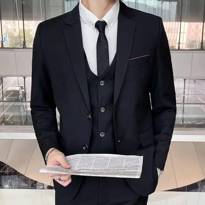 Suit (Blazer+ Vest + Pants) Men's Fashion Casual Outdoor Gentleman Business Wedding Formal Dress British Style Wedding Suit
