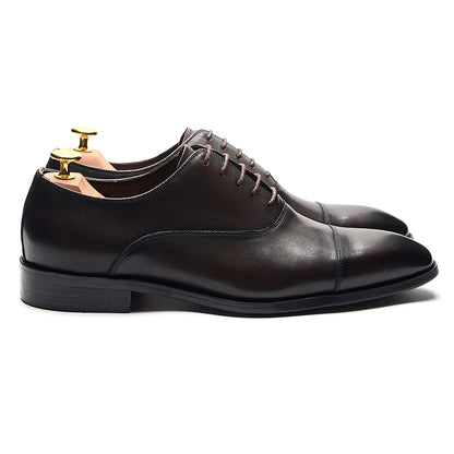 Classic Cowhide Genuine Leather Mens Dress Shoes Black Brown Cap Toe Lace-Up Oxford Company Business Office Formal Shoes for Men