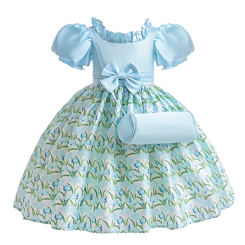 Summer Girls Dress With Bag Elegant Kid Floral Print Princess Party Dresses For Girl Children Costume Birthday Wedding Prom Gown