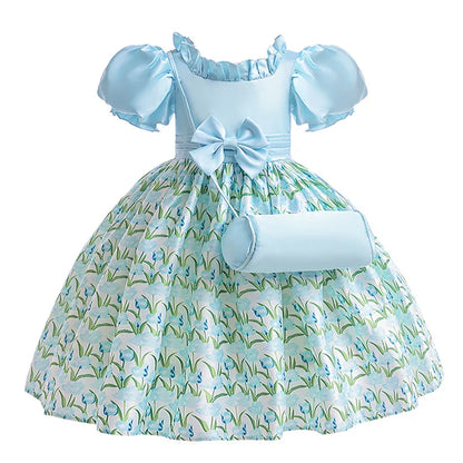 Summer Girls Dress With Bag Elegant Kid Floral Print Princess Party Dresses For Girl Children Costume Birthday Wedding Prom Gown